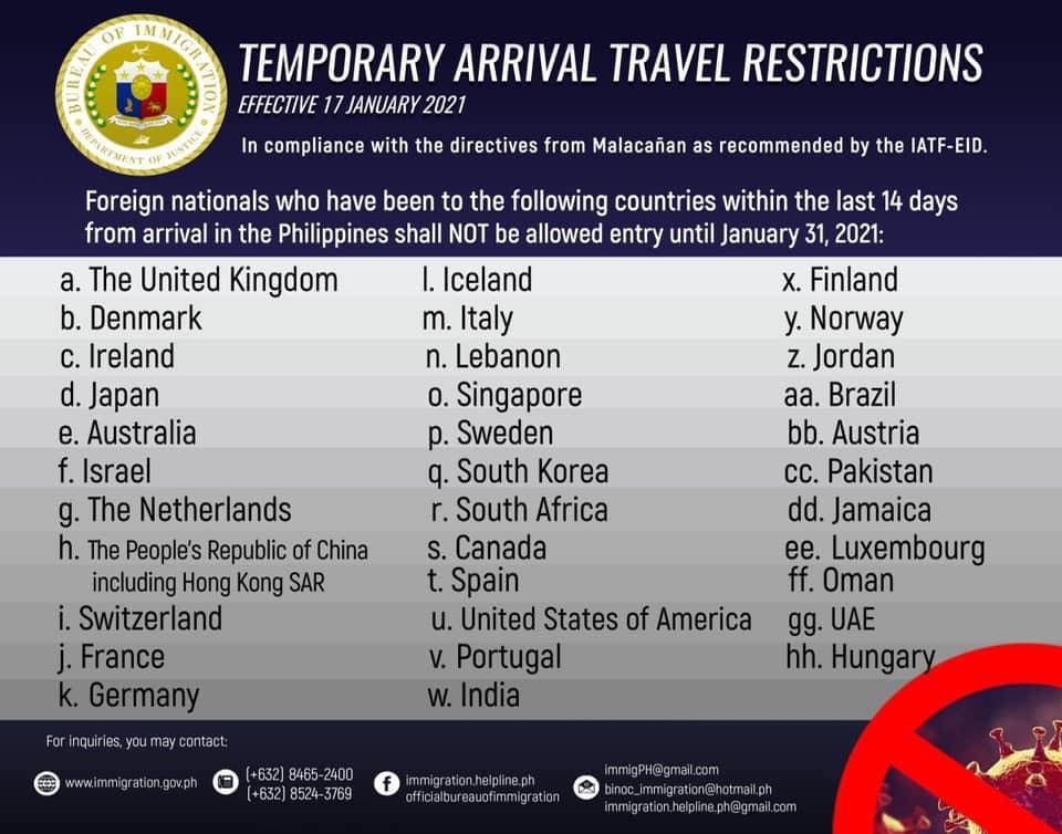 UPDATES ON THE TEMPORARY TRAVEL RESTRICTIONS FOR PASSENGERS ARRIVING IN