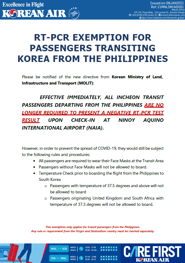 PCR TEST REQUIREMENTS FOR TRAVELING TO SOUTH KOREA (FINAL DESTINATION