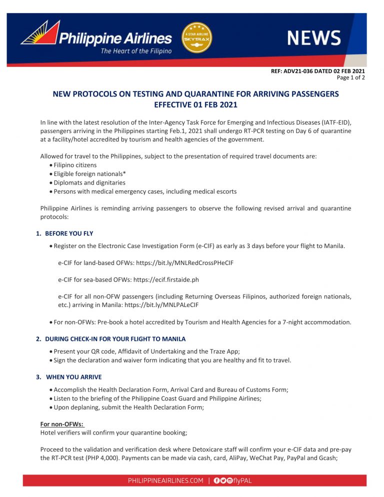 NEW PROTOCOLS ON TESTING AND QUARANTINE FOR ARRIVING PASSENGERS VIA