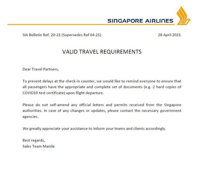 singapore airlines travel advisory english